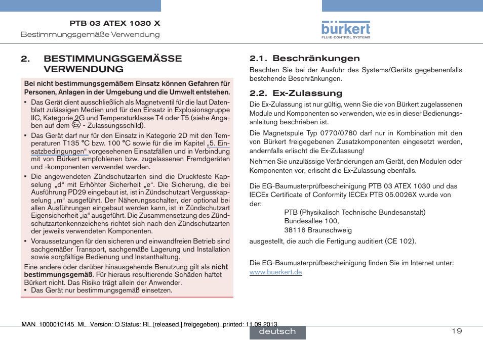 Bestimmungsgemässe verwendung, Beschränkungen 2.2. ex-zulassung, Bestimmungsgemäße | Verwendung | Burkert Type 0789 User Manual | Page 19 / 46