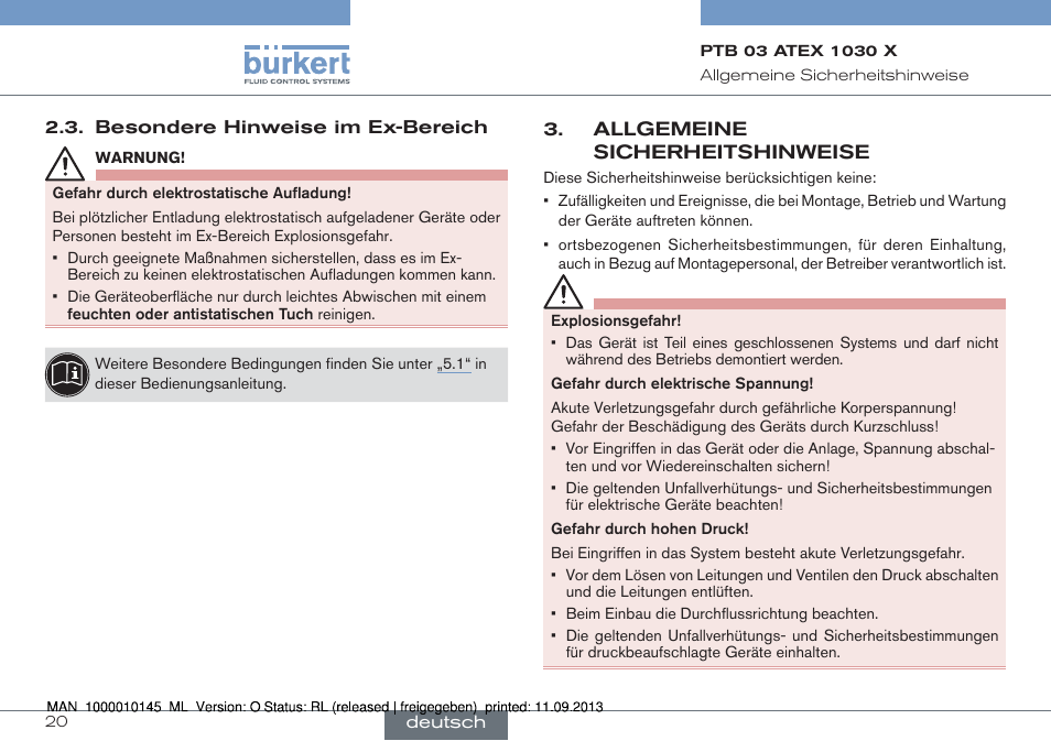Besondere hinweise im ex-bereich, Allgemeine sicherheitshinweise | Burkert Type 0789 User Manual | Page 20 / 46
