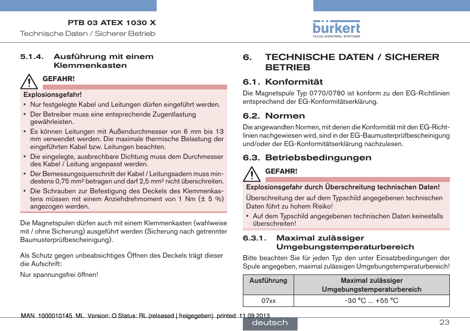 Technische daten / sicherer betrieb, Konformität 6.2. normen 6.3. betriebsbedingungen | Burkert Type 0789 User Manual | Page 23 / 46