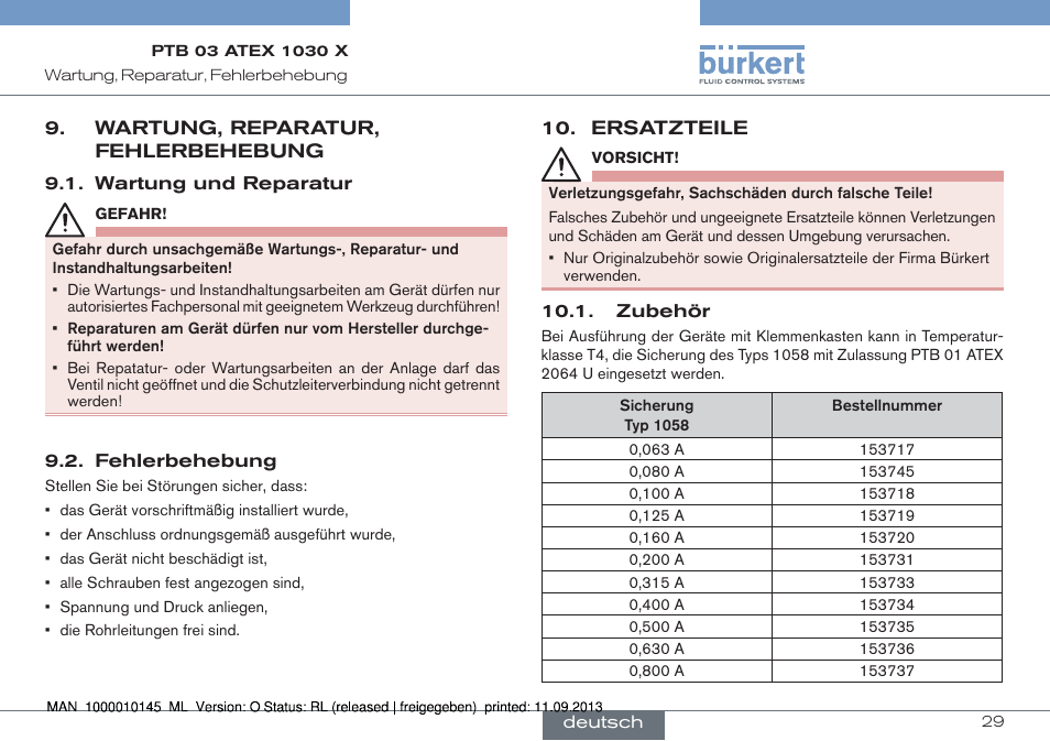 Wartung, reparatur, fehlerbehebung, Wartung und reparatur 9.2. fehlerbehebung, Ersatzteile | Zubehör | Burkert Type 0789 User Manual | Page 29 / 46