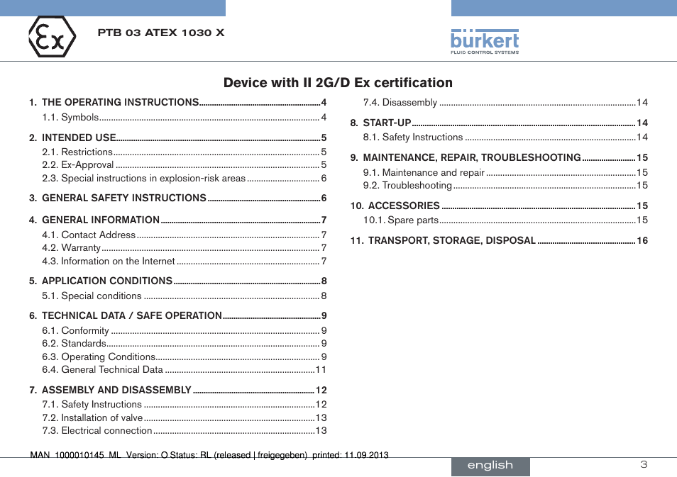 English, Device with ii 2g/d ex certification | Burkert Type 0789 User Manual | Page 3 / 46