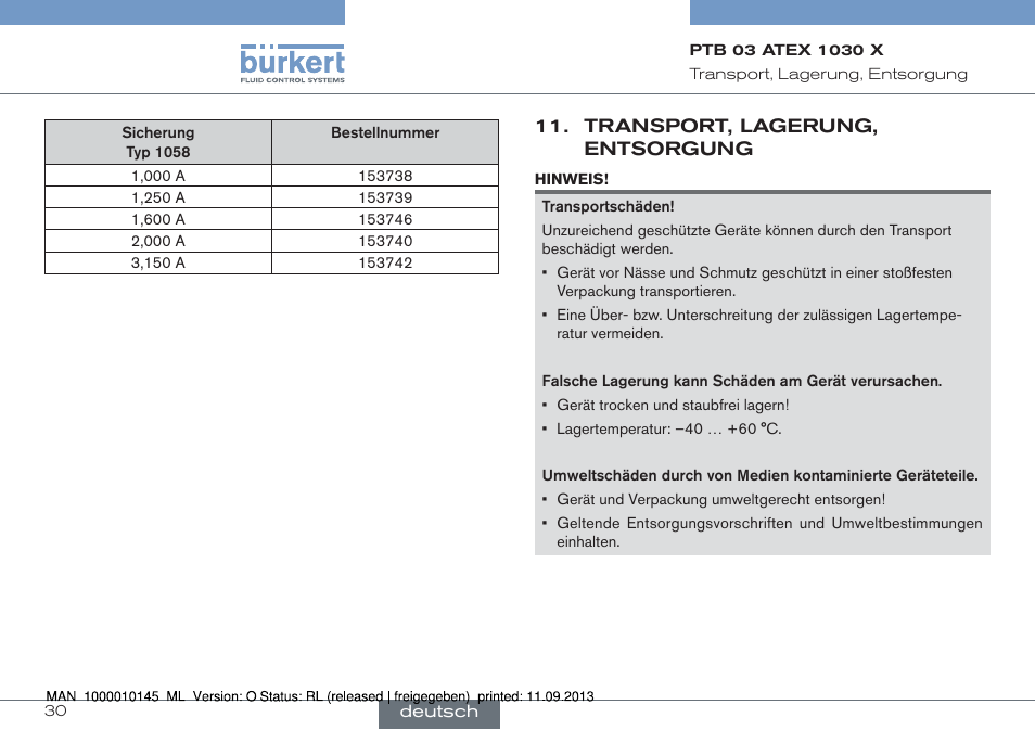 Transport, lagerung, entsorgung | Burkert Type 0789 User Manual | Page 30 / 46