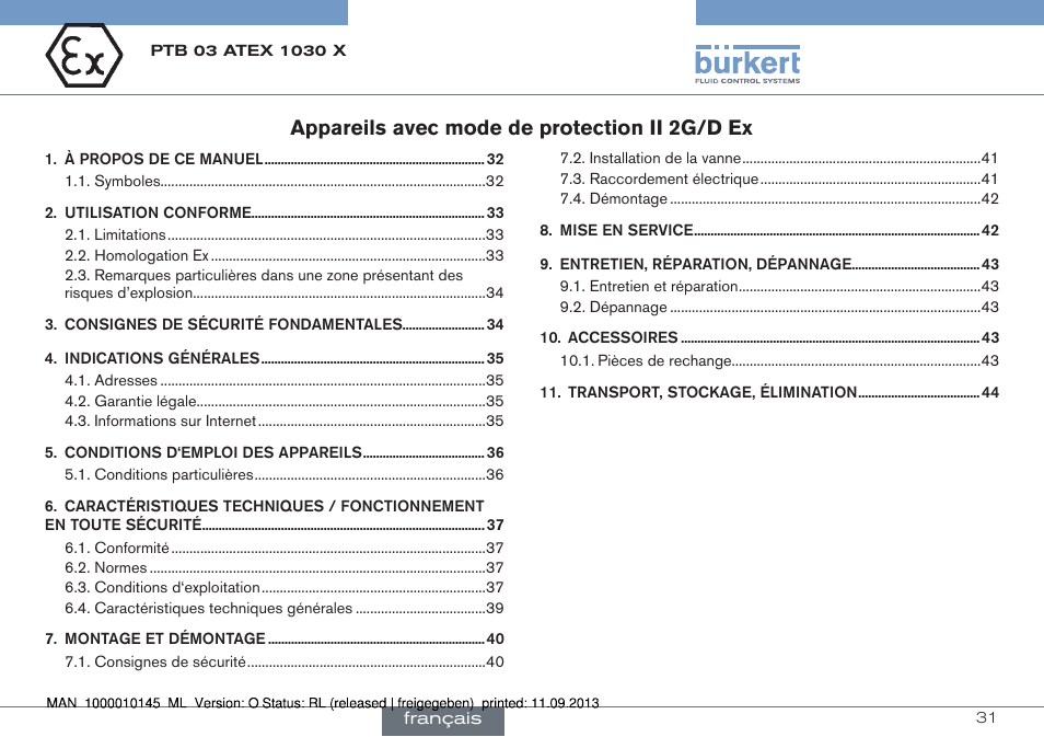 Français, Appareils avec mode de protection ii 2g/d ex | Burkert Type 0789 User Manual | Page 31 / 46