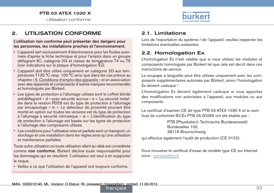 Utilisation conforme, Limitations 2.2. homologation ex, Utilisation | Conforme | Burkert Type 0789 User Manual | Page 33 / 46
