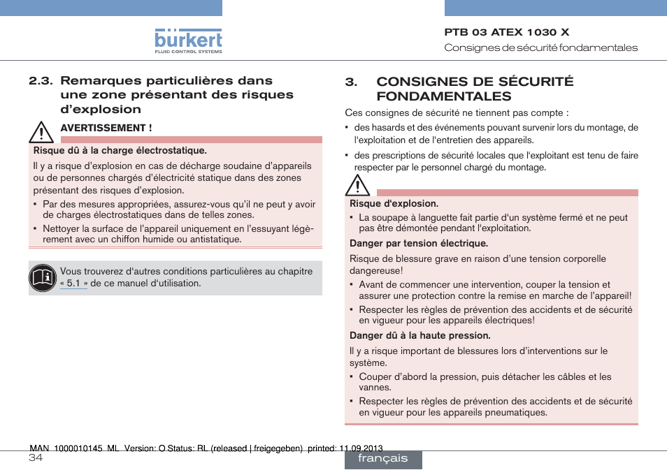 Risques d’explosion, Consignes de sécurité fondamentales | Burkert Type 0789 User Manual | Page 34 / 46