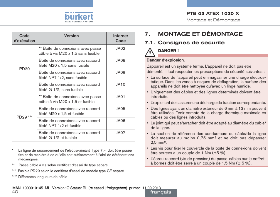 Montage et démontage, Consignes de sécurité | Burkert Type 0789 User Manual | Page 40 / 46