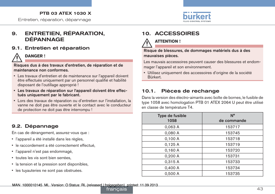 Entretien, réparation, dépannage, Entretien et réparation 9.2. dépannage, Accessoires | Pièces de rechange | Burkert Type 0789 User Manual | Page 43 / 46