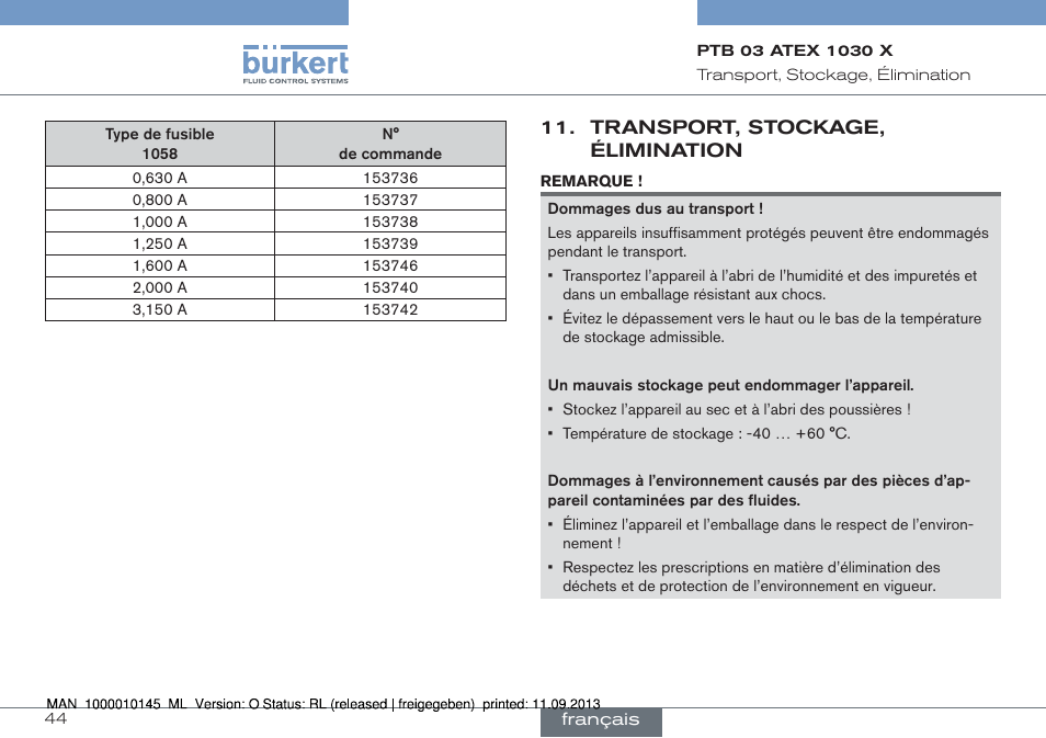 Transport, stockage, élimination | Burkert Type 0789 User Manual | Page 44 / 46