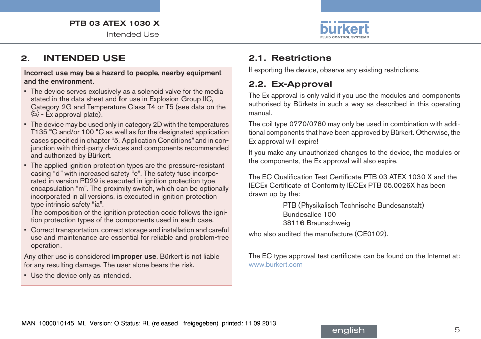 Intended use, Restrictions 2.2. ex-approval | Burkert Type 0789 User Manual | Page 5 / 46