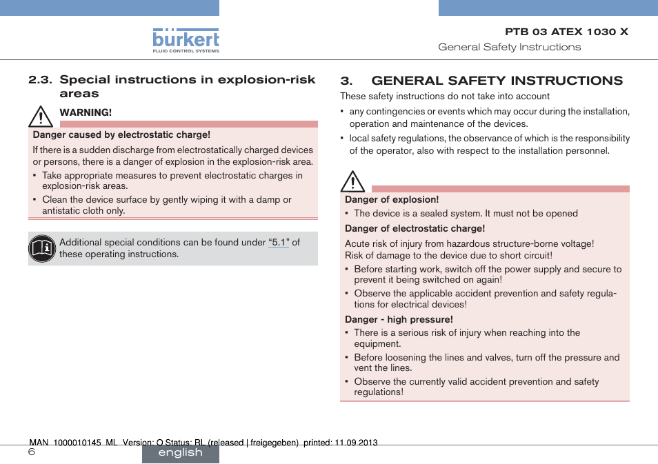 Special instructions in explosion-risk areas, General safety instructions | Burkert Type 0789 User Manual | Page 6 / 46