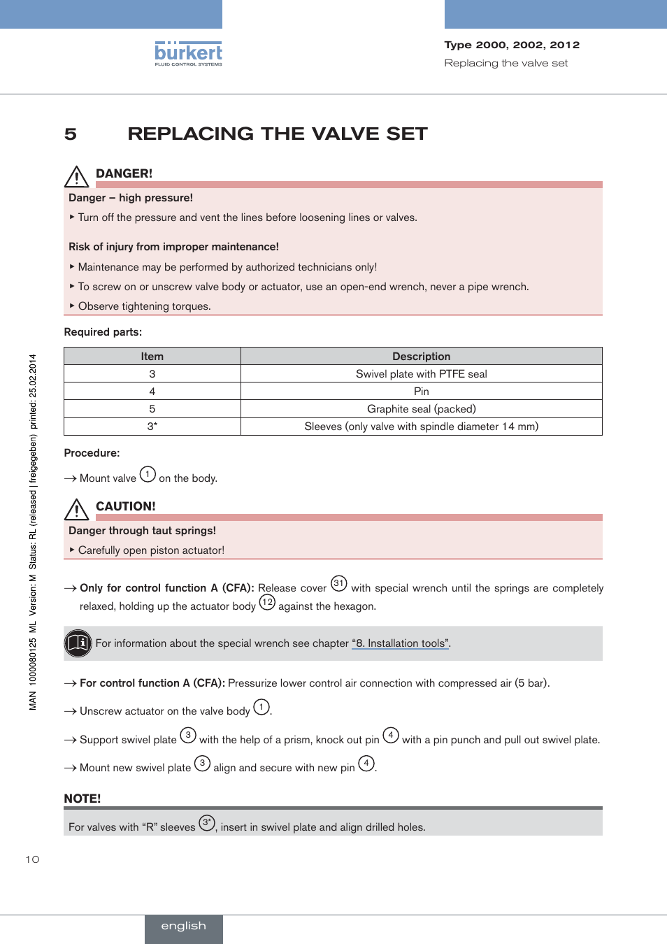 Replacing the valve set, 5replacing the valve set | Burkert Type 2012 User Manual | Page 10 / 88