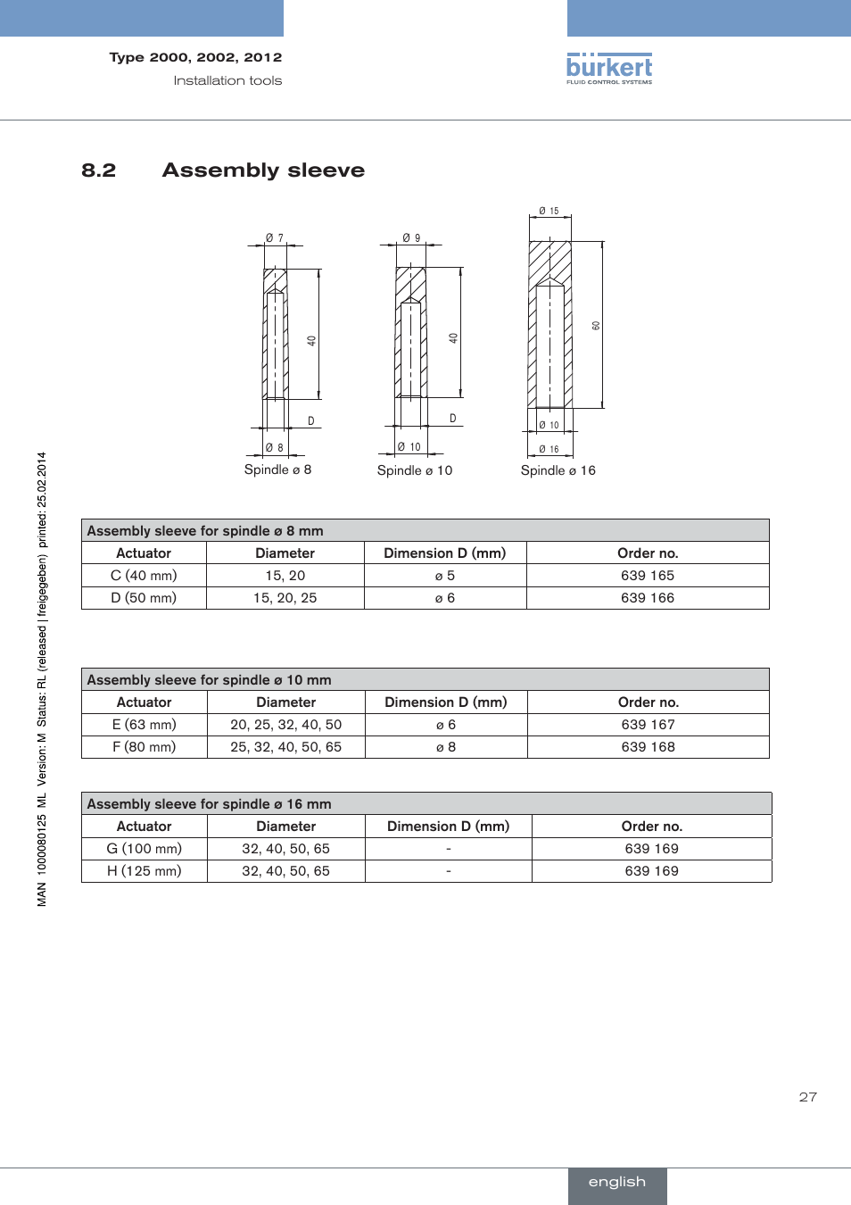 Assembly sleeve, 2 assembly sleeve | Burkert Type 2012 User Manual | Page 27 / 88