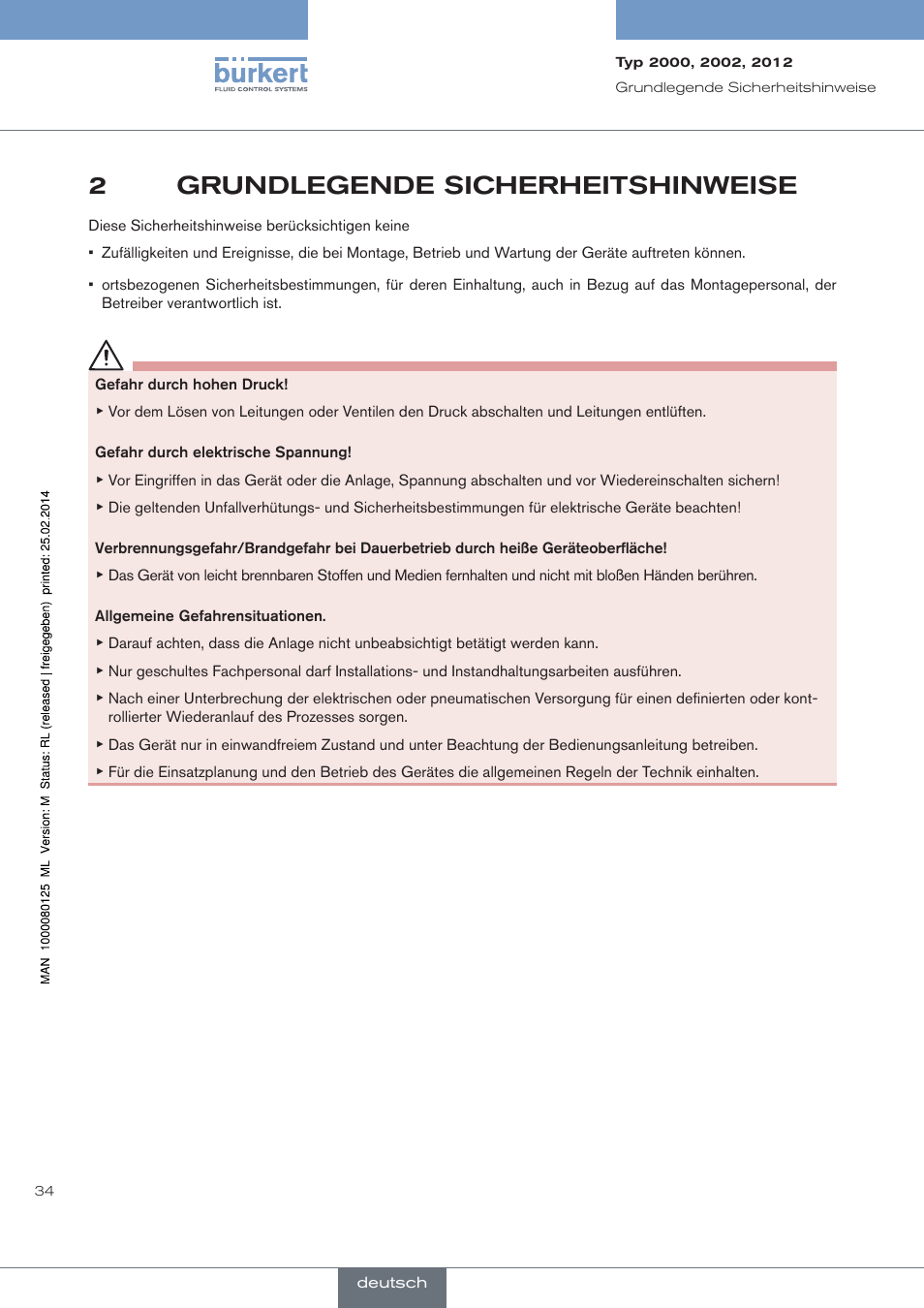 Grundlegende sicherheitshinweise, 2grundlegende sicherheitshinweise | Burkert Type 2012 User Manual | Page 34 / 88