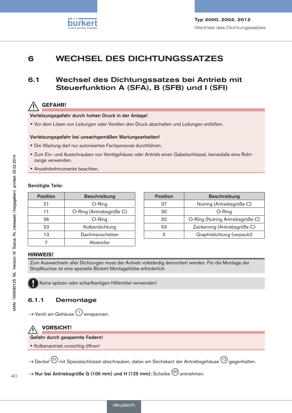 Wechsel des dichtungssatzes, Demontage, 6wechsel des dichtungssatzes | Burkert Type 2012 User Manual | Page 40 / 88