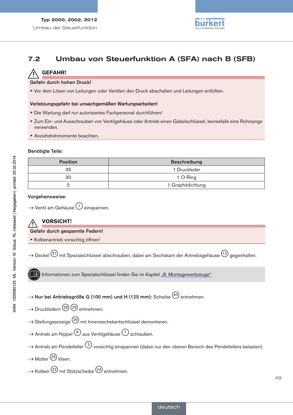 Umbau von steuerfunktion a (sfa) nach b (sfb), 2 umbau von steuerfunktion a (sfa) nach b (sfb) | Burkert Type 2012 User Manual | Page 49 / 88