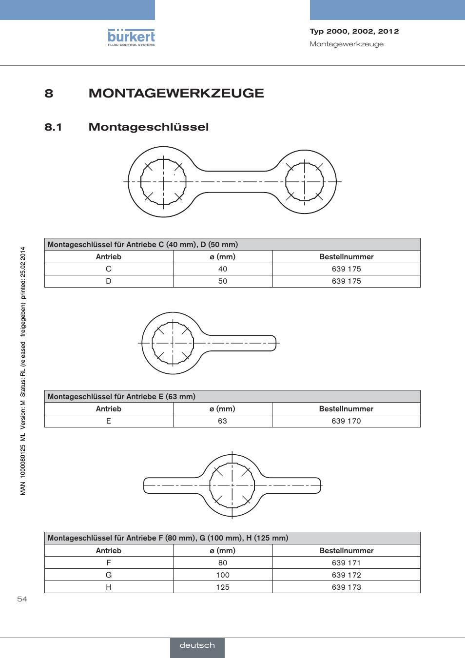 Montagewerkzeuge, Montageschlüssel, 8montagewerkzeuge | 1 montageschlüssel | Burkert Type 2012 User Manual | Page 54 / 88