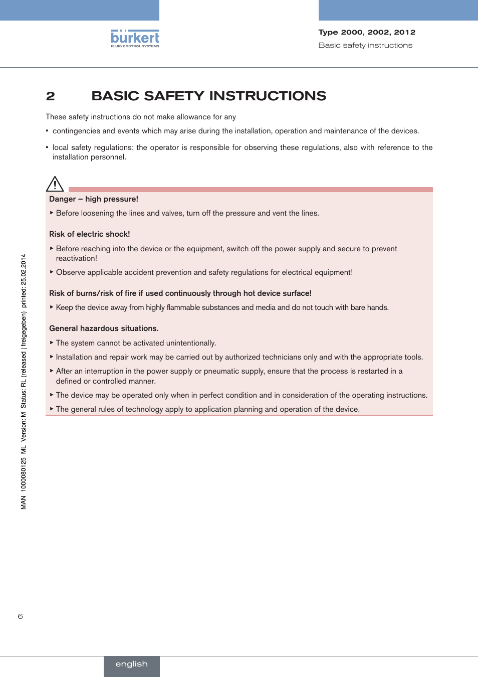 Basic safety instructions, 2basic safety instructions | Burkert Type 2012 User Manual | Page 6 / 88