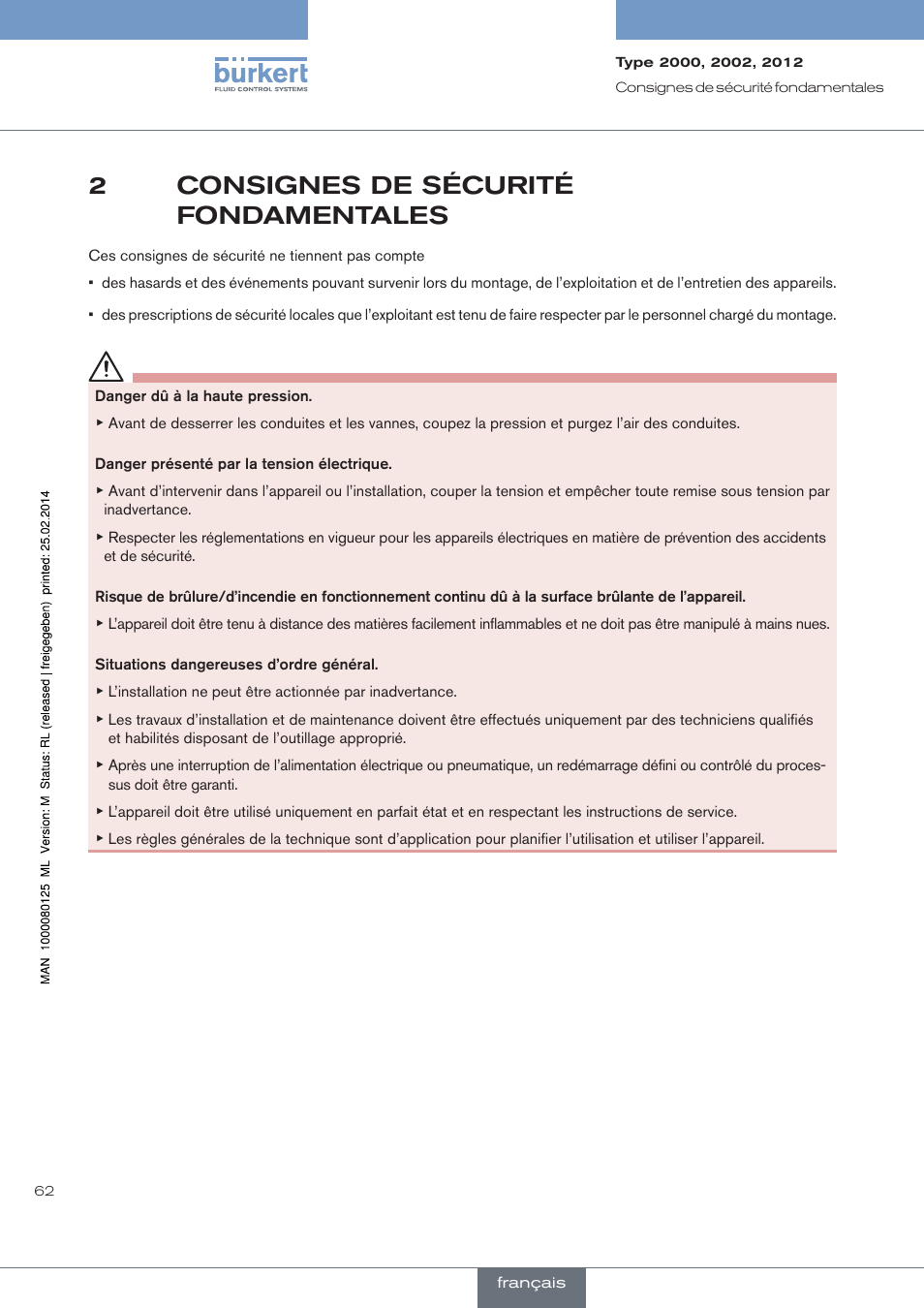 Consignes de sécurité fondamentales, 2consignes de sécurité fondamentales | Burkert Type 2012 User Manual | Page 62 / 88