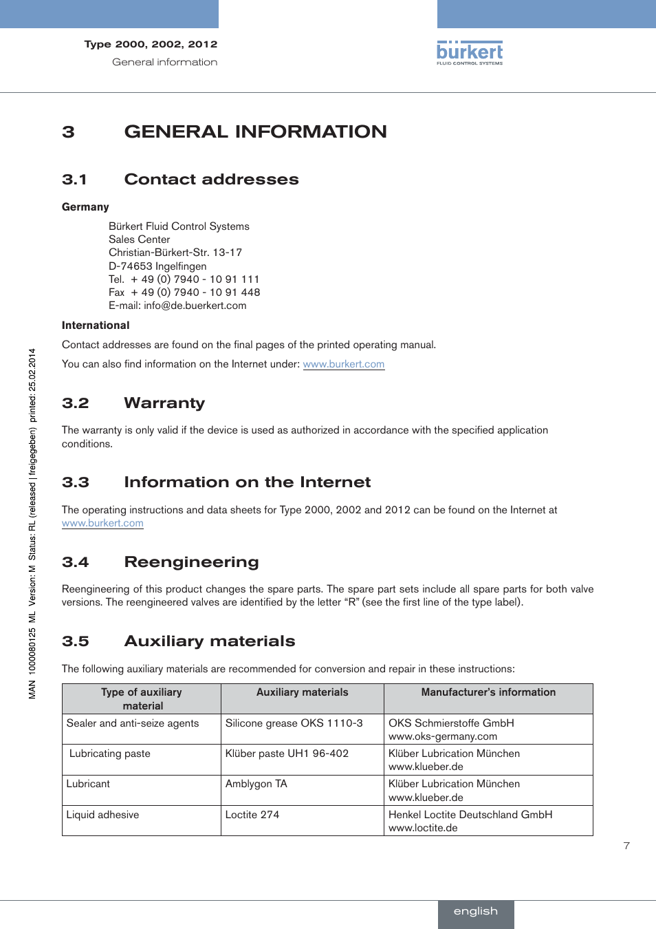 General information, Contact addresses, Warranty | Information on the internet, Reengineering, Auxiliary materials, 3general information, 1 contact addresses, 2 warranty, 3 information on the internet | Burkert Type 2012 User Manual | Page 7 / 88