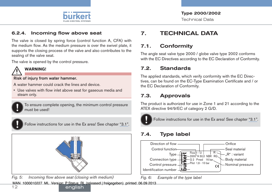 Technical data, Conformity, Standards | Approvals, Type label | Burkert Type 2002 User Manual | Page 12 / 87