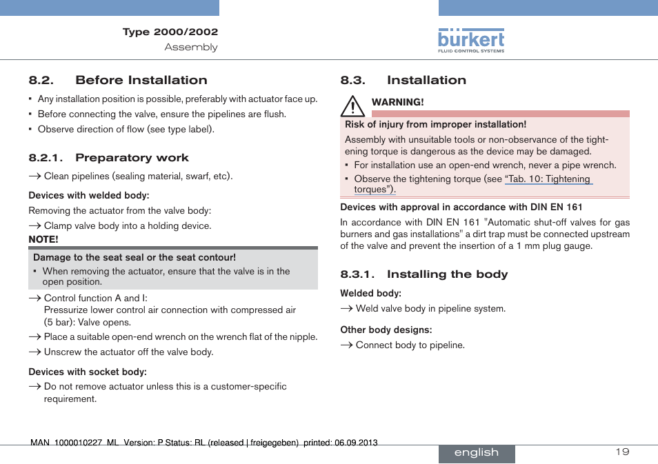 Before installation 8.3. installation | Burkert Type 2002 User Manual | Page 19 / 87