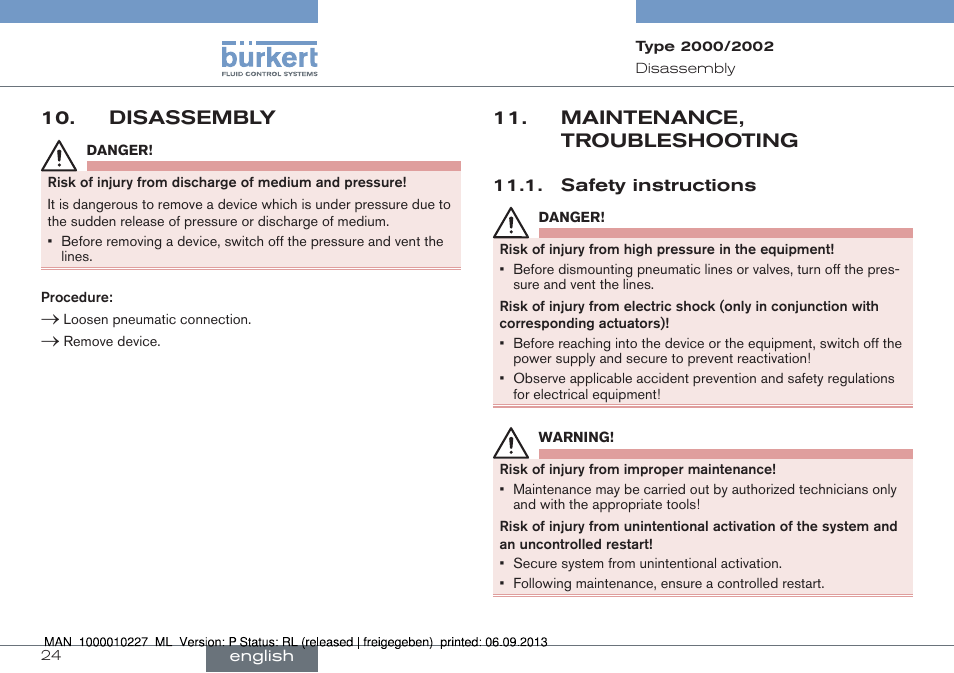 Disassembly, Maintenance, troubleshooting, Safety instructions | Burkert Type 2002 User Manual | Page 24 / 87