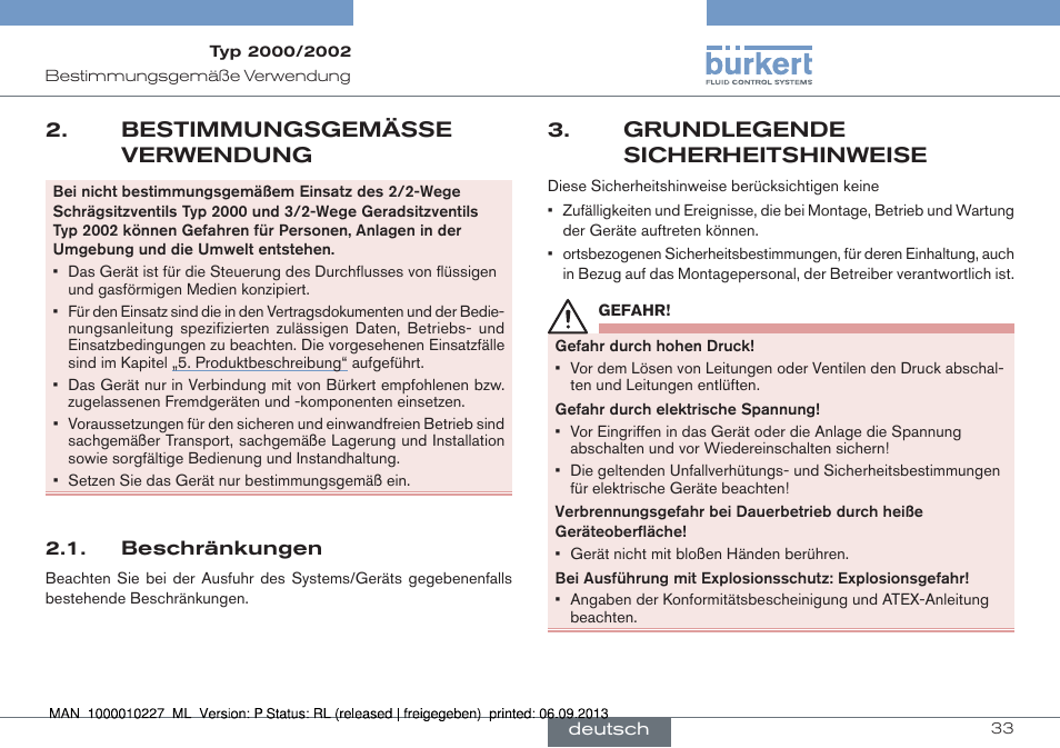 Bestimmungsgemässe verwendung, Beschränkungen, Grundlegende sicherheitshinweise | Burkert Type 2002 User Manual | Page 33 / 87