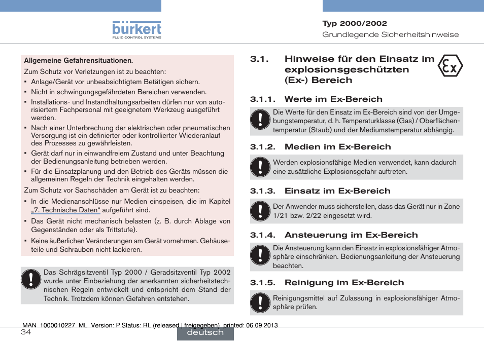 Hinweise für den einsatz im explosionsgeschützten, Ex-) bereich | Burkert Type 2002 User Manual | Page 34 / 87