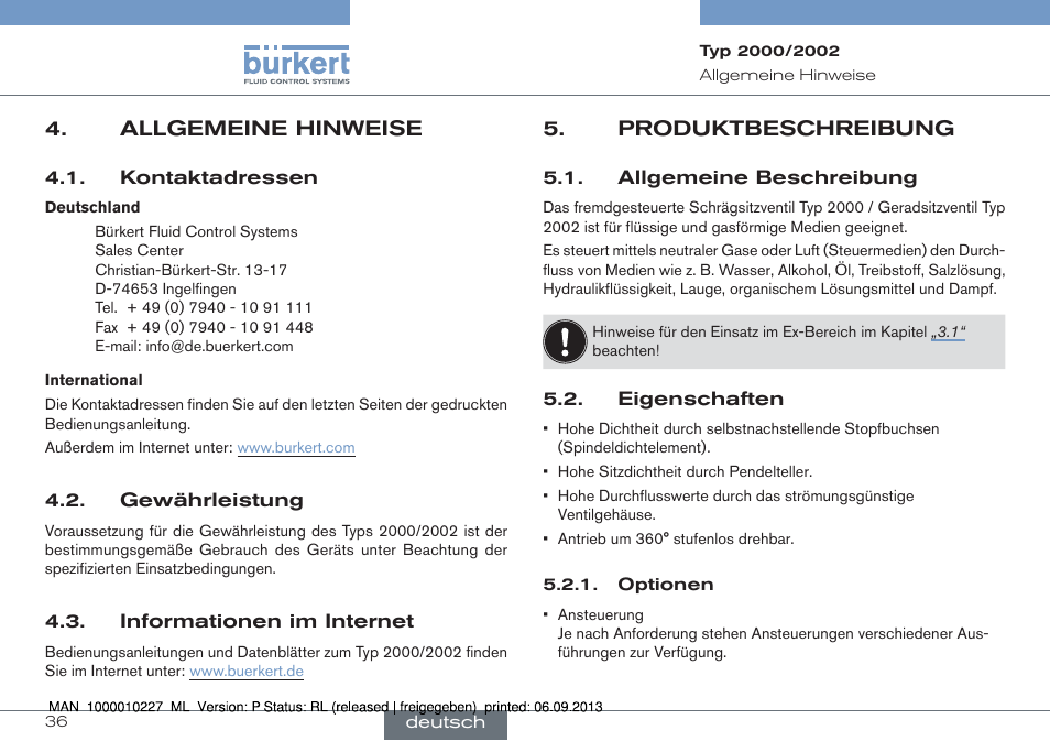 Allgemeine hinweise, Produktbeschreibung, Allgemeine beschreibung 5.2. eigenschaften | Burkert Type 2002 User Manual | Page 36 / 87