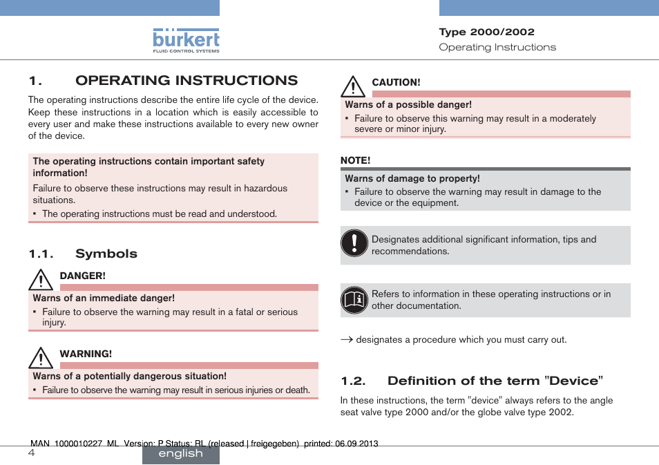 Operating instructions, Symbols 1.2. definition of the term "device | Burkert Type 2002 User Manual | Page 4 / 87