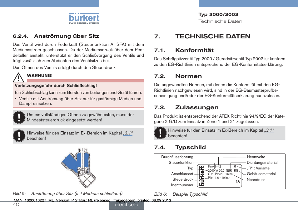 Technische daten, Konformität 7.2. normen 7.3. zulassungen, Typschild | Konformität, Normen, Zulassungen | Burkert Type 2002 User Manual | Page 40 / 87