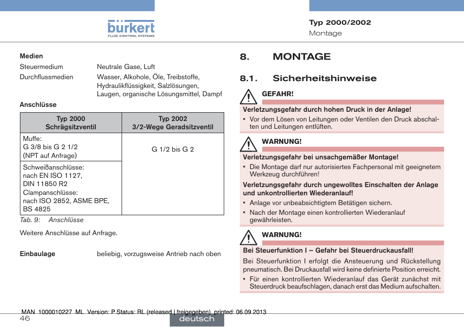 Montage, Sicherheitshinweise | Burkert Type 2002 User Manual | Page 46 / 87