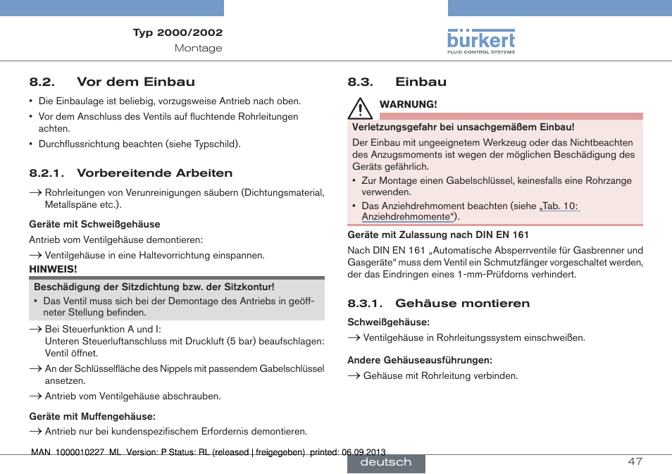 Vor dem einbau 8.3. einbau | Burkert Type 2002 User Manual | Page 47 / 87