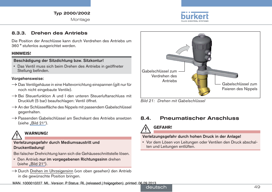 Pneumatischer anschluss | Burkert Type 2002 User Manual | Page 49 / 87