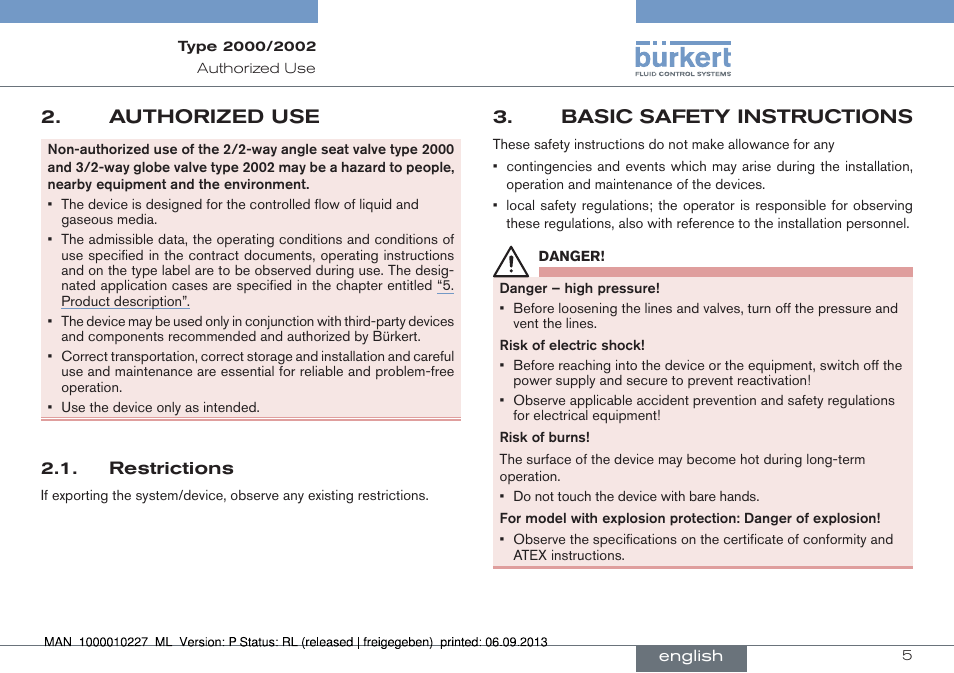 Authorized use, Restrictions, Basic safety instructions | Burkert Type 2002 User Manual | Page 5 / 87