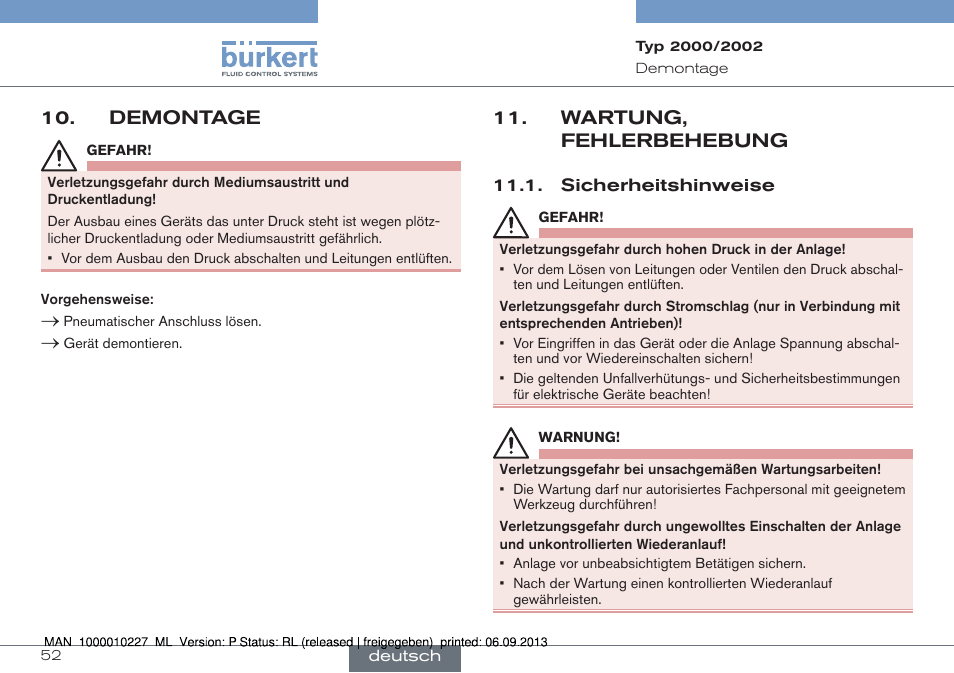 Demontage, Wartung, fehlerbehebung, Sicherheitshinweise | Burkert Type 2002 User Manual | Page 52 / 87