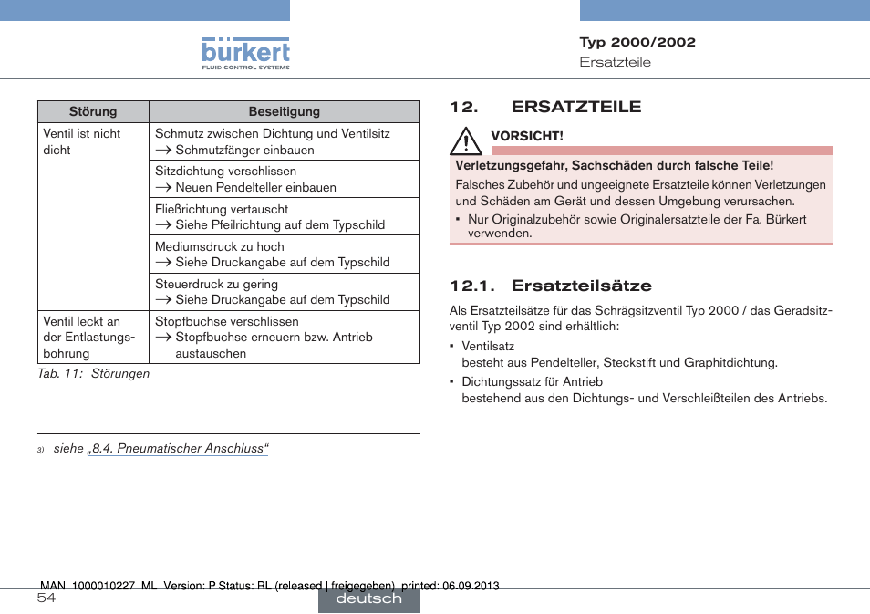 Ersatzteile, Ersatzteilsätze | Burkert Type 2002 User Manual | Page 54 / 87