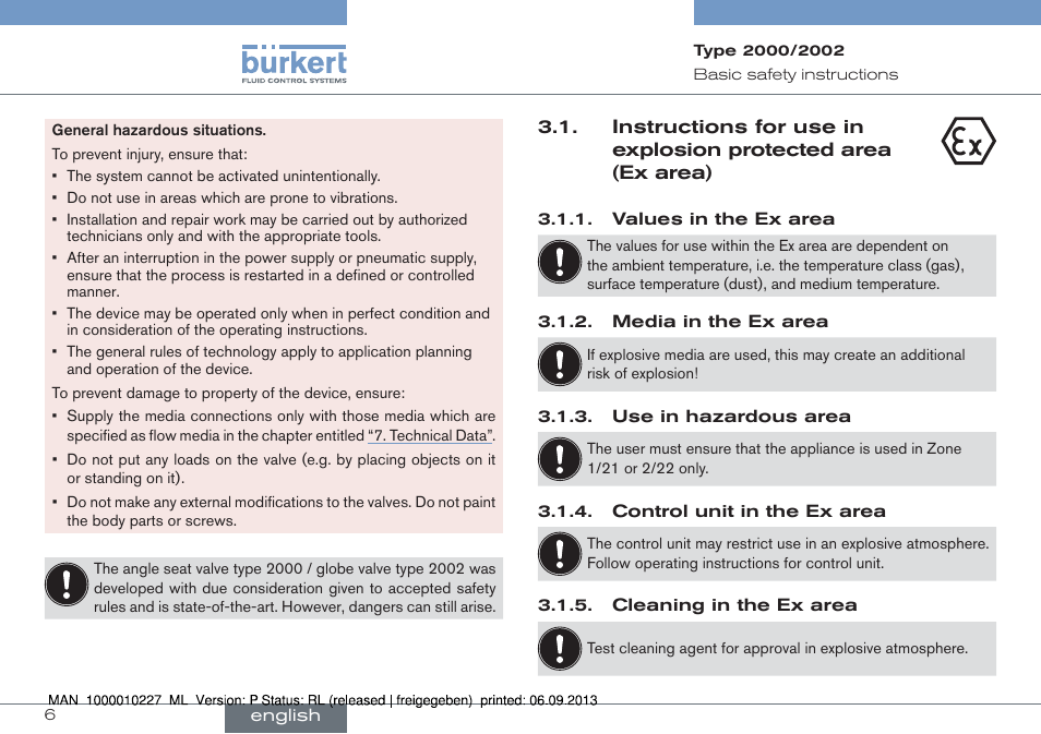 Instructions for use in explosion protected area, Ex area) | Burkert Type 2002 User Manual | Page 6 / 87