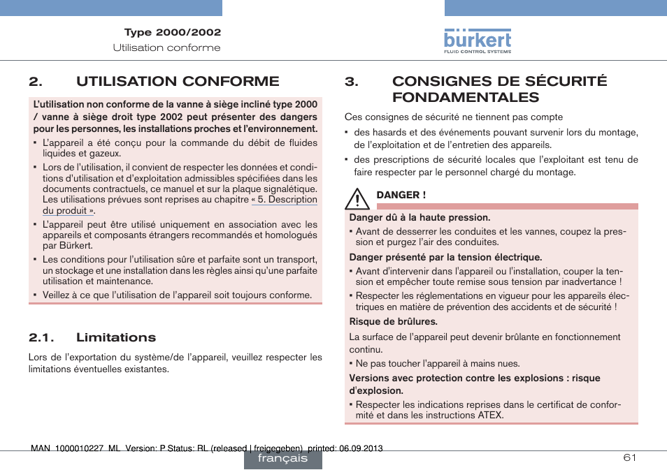 Utilisation conforme, Limitations, Consignes de sécurité fondamentales | Burkert Type 2002 User Manual | Page 61 / 87