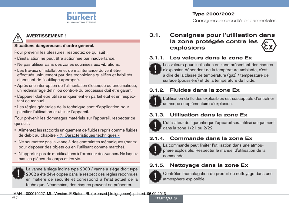 Consignes pour l’utilisation dans la zone protégée, Contre les explosions | Burkert Type 2002 User Manual | Page 62 / 87