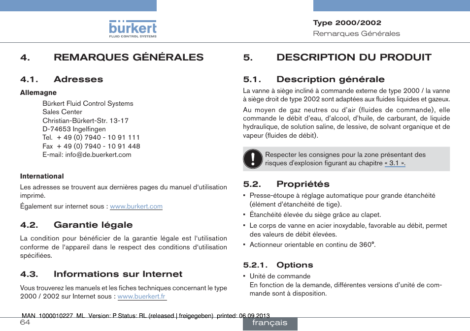 Remarques générales, Description du produit, Description générale 5.2. propriétés | Burkert Type 2002 User Manual | Page 64 / 87