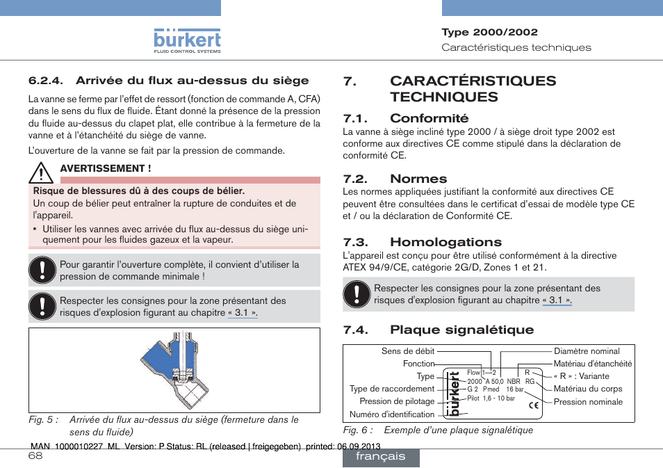 Caractéristiques techniques, Conformité 7.2. normes, Homologations 7.4. plaque signalétique | Conformité, Normes, Homologations, Plaque signalétique | Burkert Type 2002 User Manual | Page 68 / 87