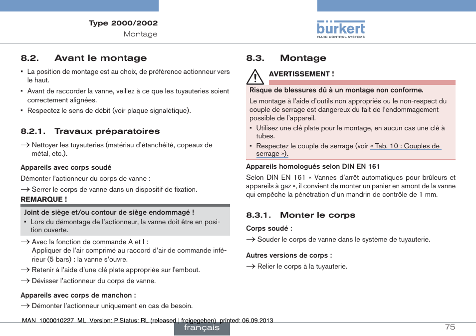 Avant le montage 8.3. montage | Burkert Type 2002 User Manual | Page 75 / 87