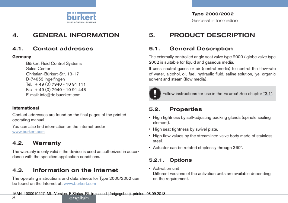 General information, Product description, General description 5.2. properties | Burkert Type 2002 User Manual | Page 8 / 87