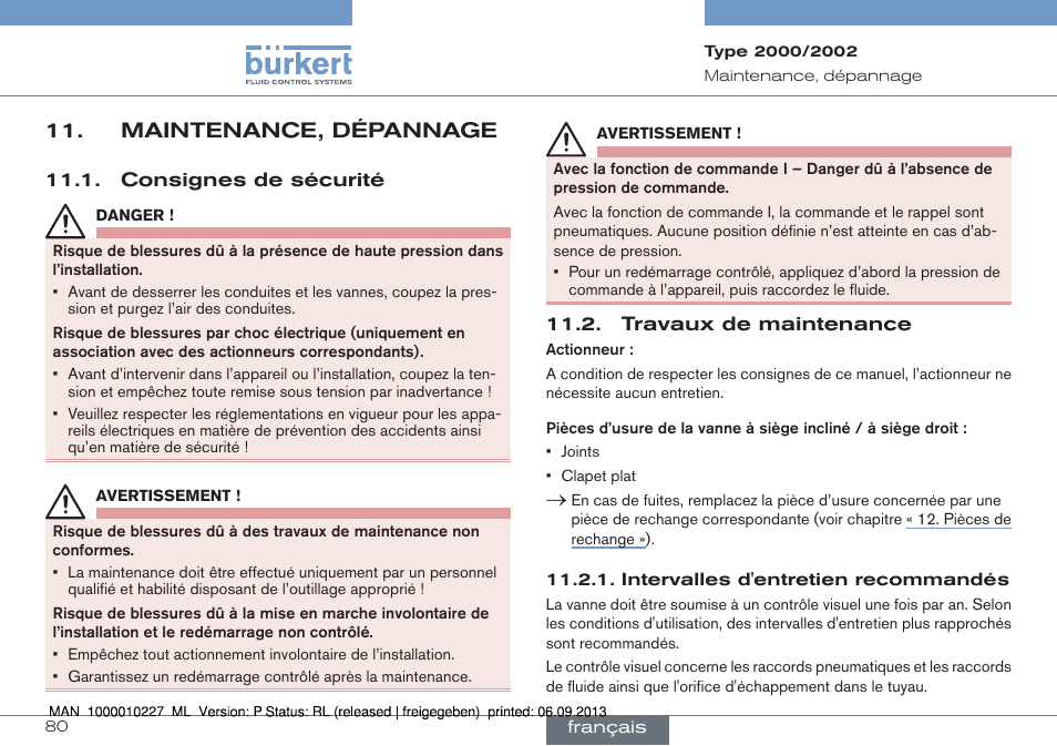 Maintenance, dépannage, Consignes de sécurité 11.2. travaux de maintenance | Burkert Type 2002 User Manual | Page 80 / 87
