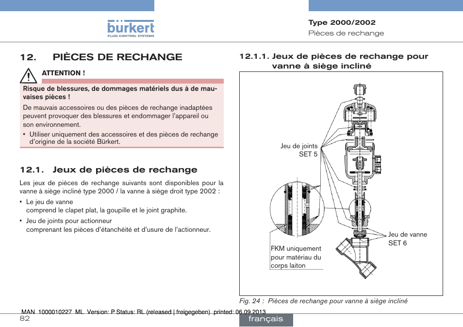 Pièces de rechange, Jeux de pièces de rechange | Burkert Type 2002 User Manual | Page 82 / 87