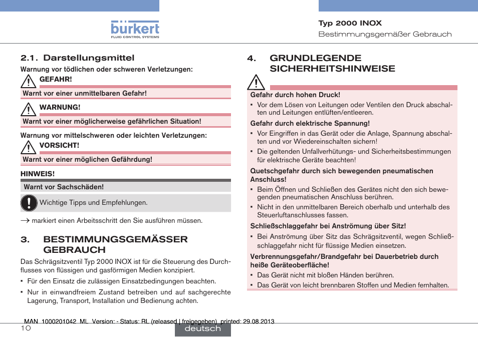 Bestimmungsgemässer gebrauch, Grundlegende sicherheitshinweise | Burkert Type 2000 User Manual | Page 10 / 24