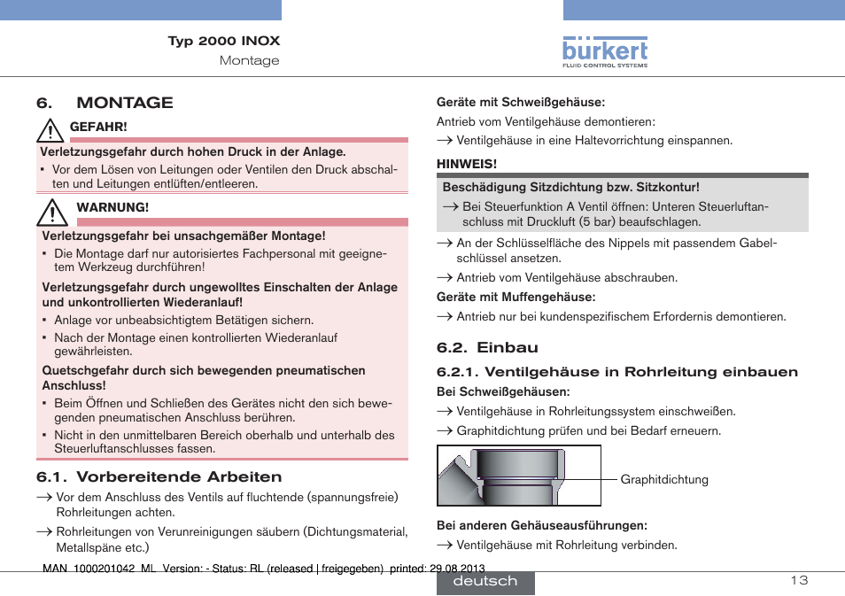 Montage | Burkert Type 2000 User Manual | Page 13 / 24