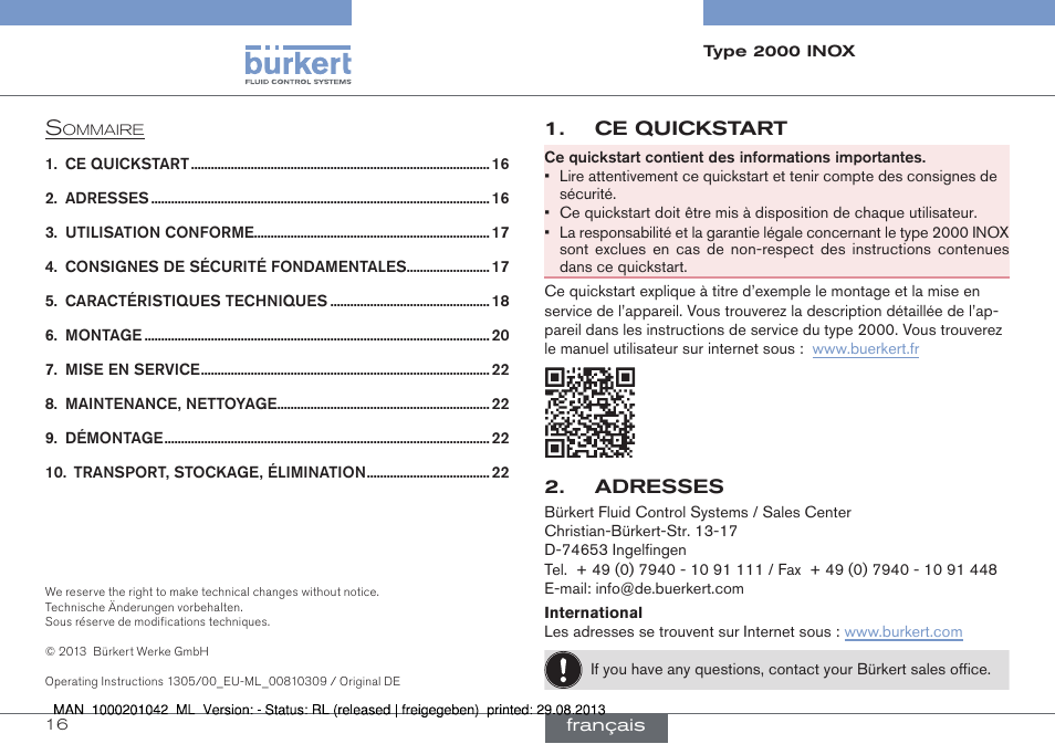 Francais | Burkert Type 2000 User Manual | Page 16 / 24