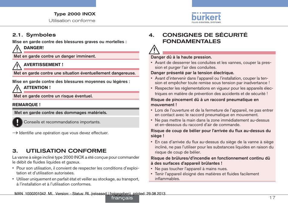 Utilisation conforme, Consignes de sécurité fondamentales | Burkert Type 2000 User Manual | Page 17 / 24